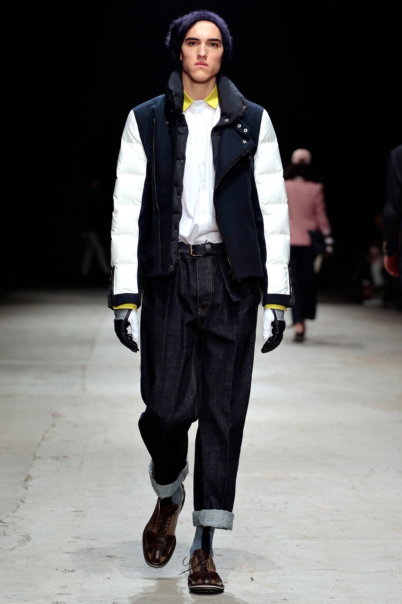 relaxed black and white jacket with denim pants