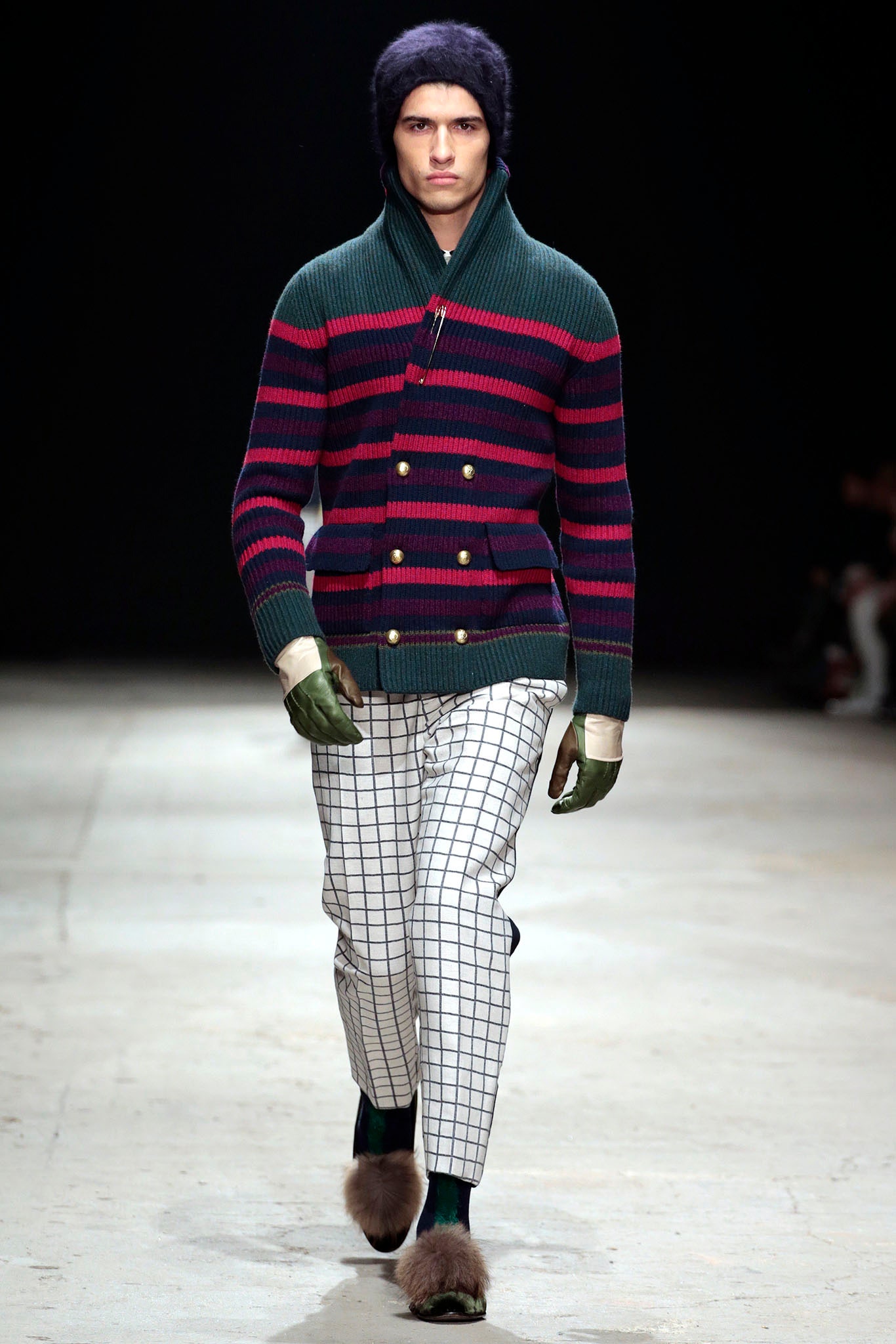 striped wool sweater with checked pants