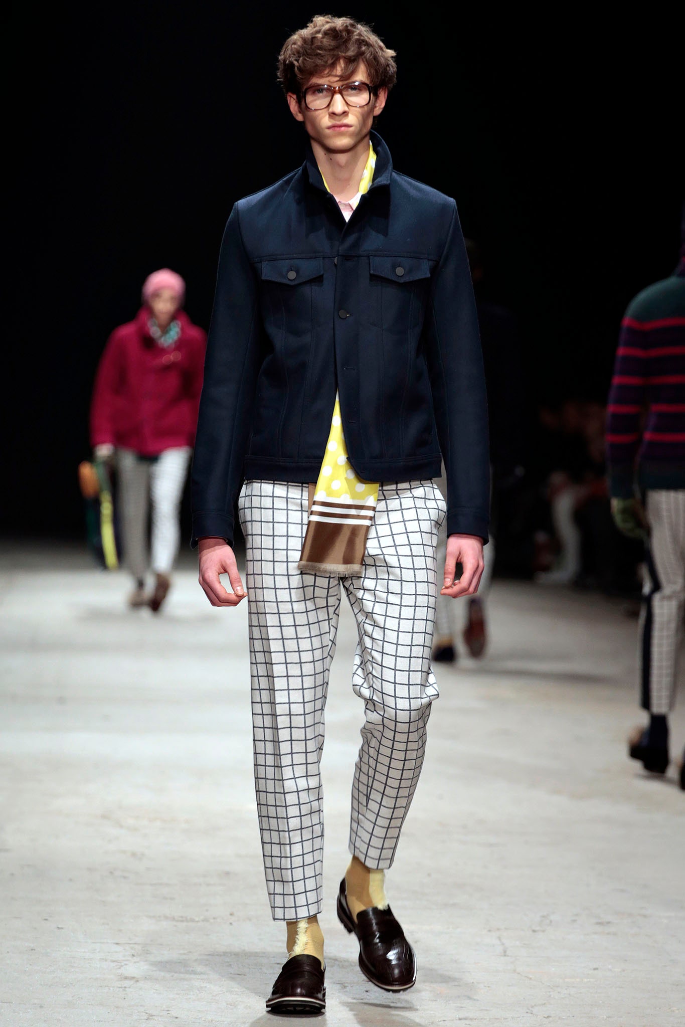 blue fitted jacket with checked pants