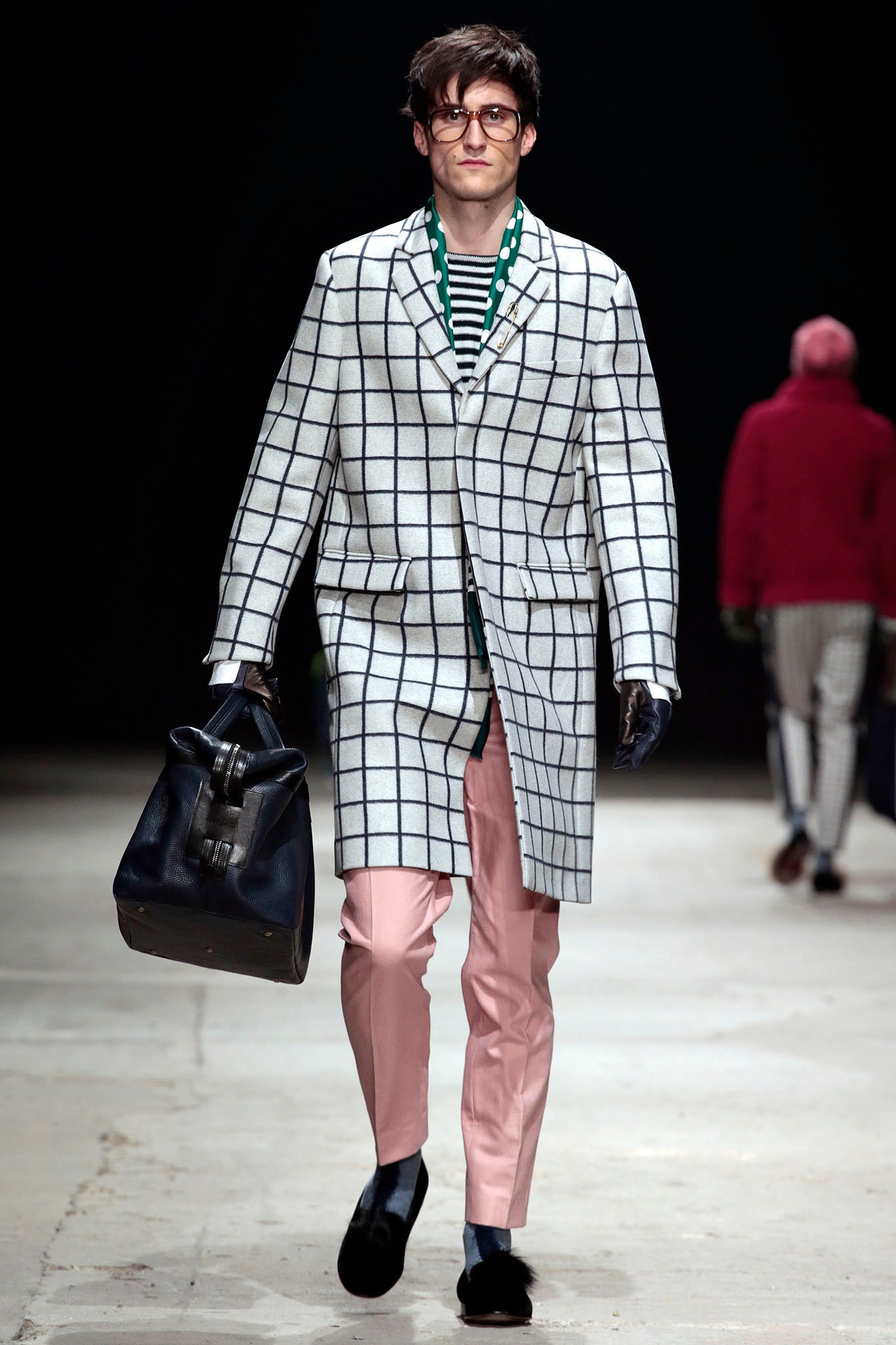 checked wool coat with pink pants