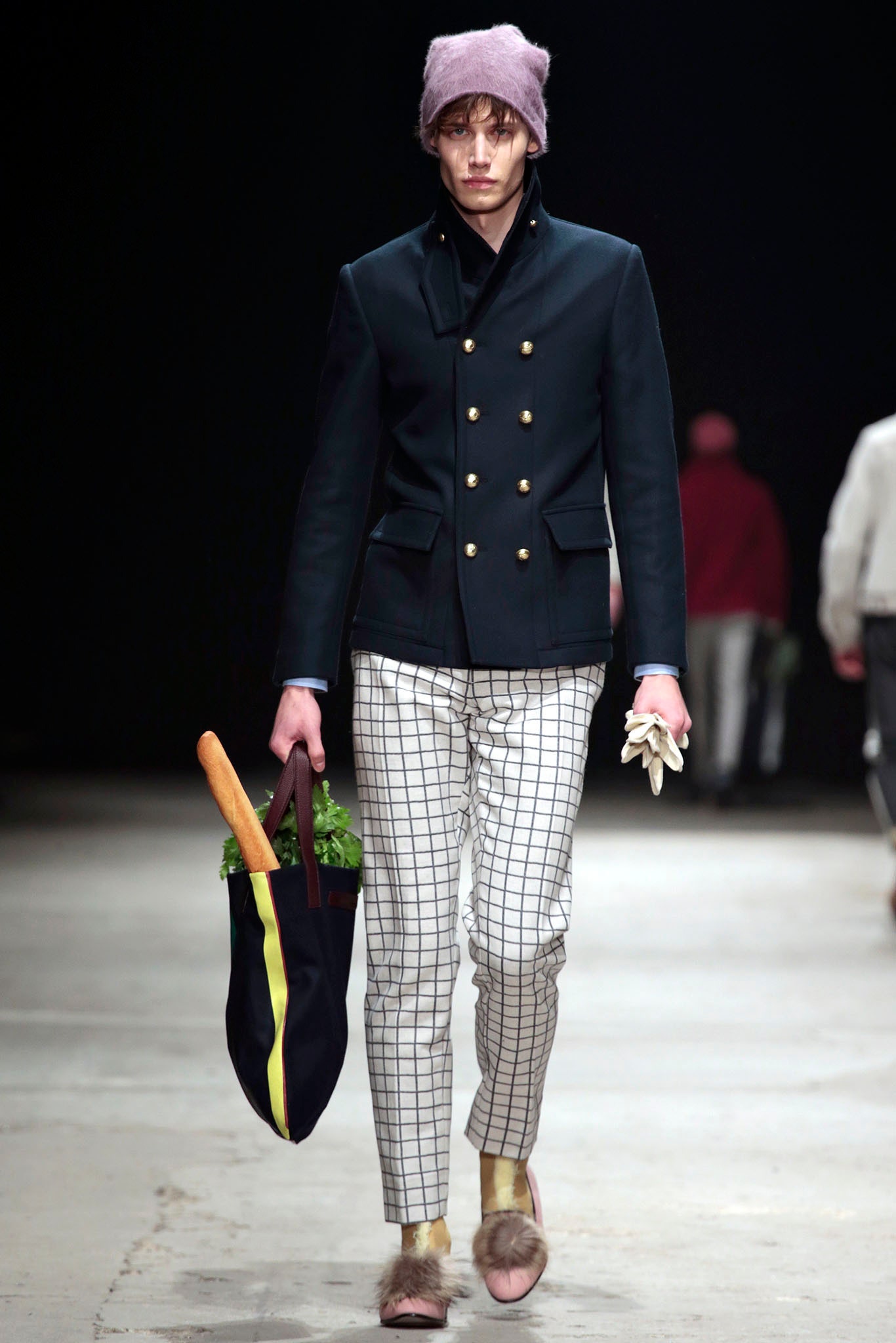 black tailored jacket with checked pants