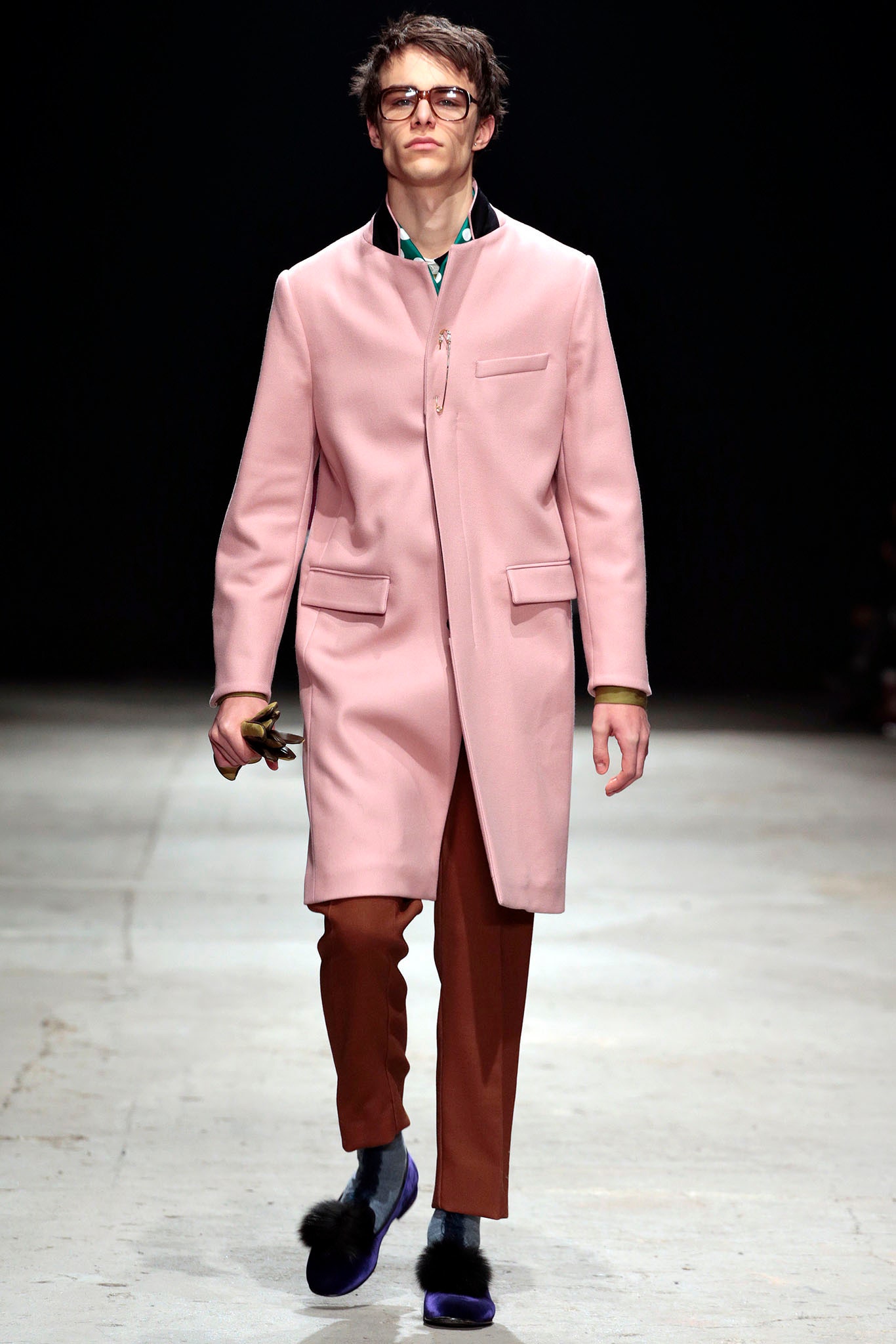 pink wool coat with brown pants