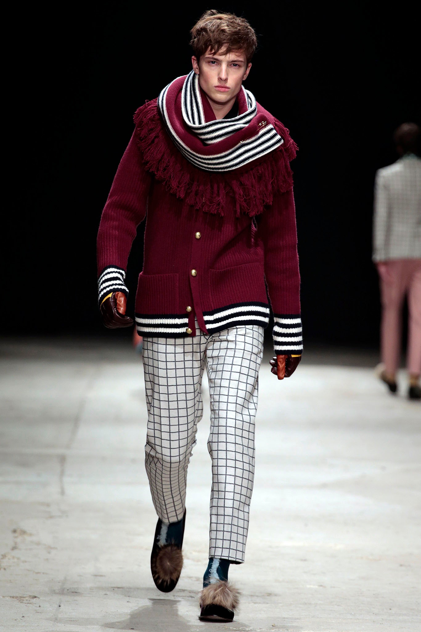 red wool sweater with checked pants