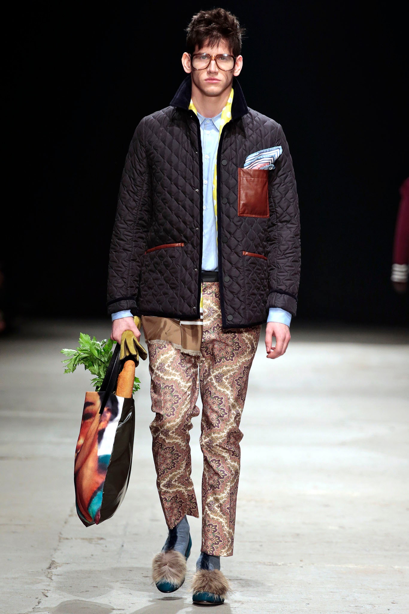 black quilted jacket with blue shirt