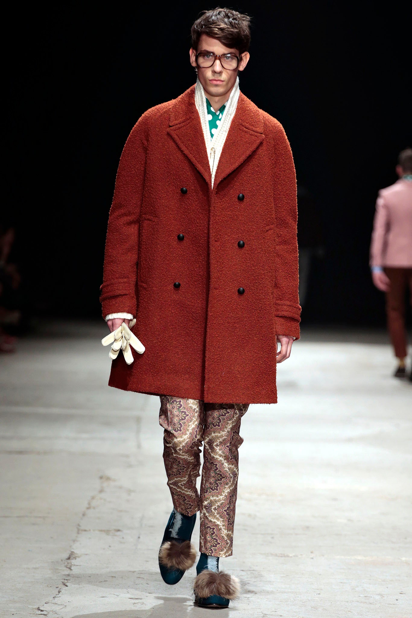 orange wool coat with flared pants