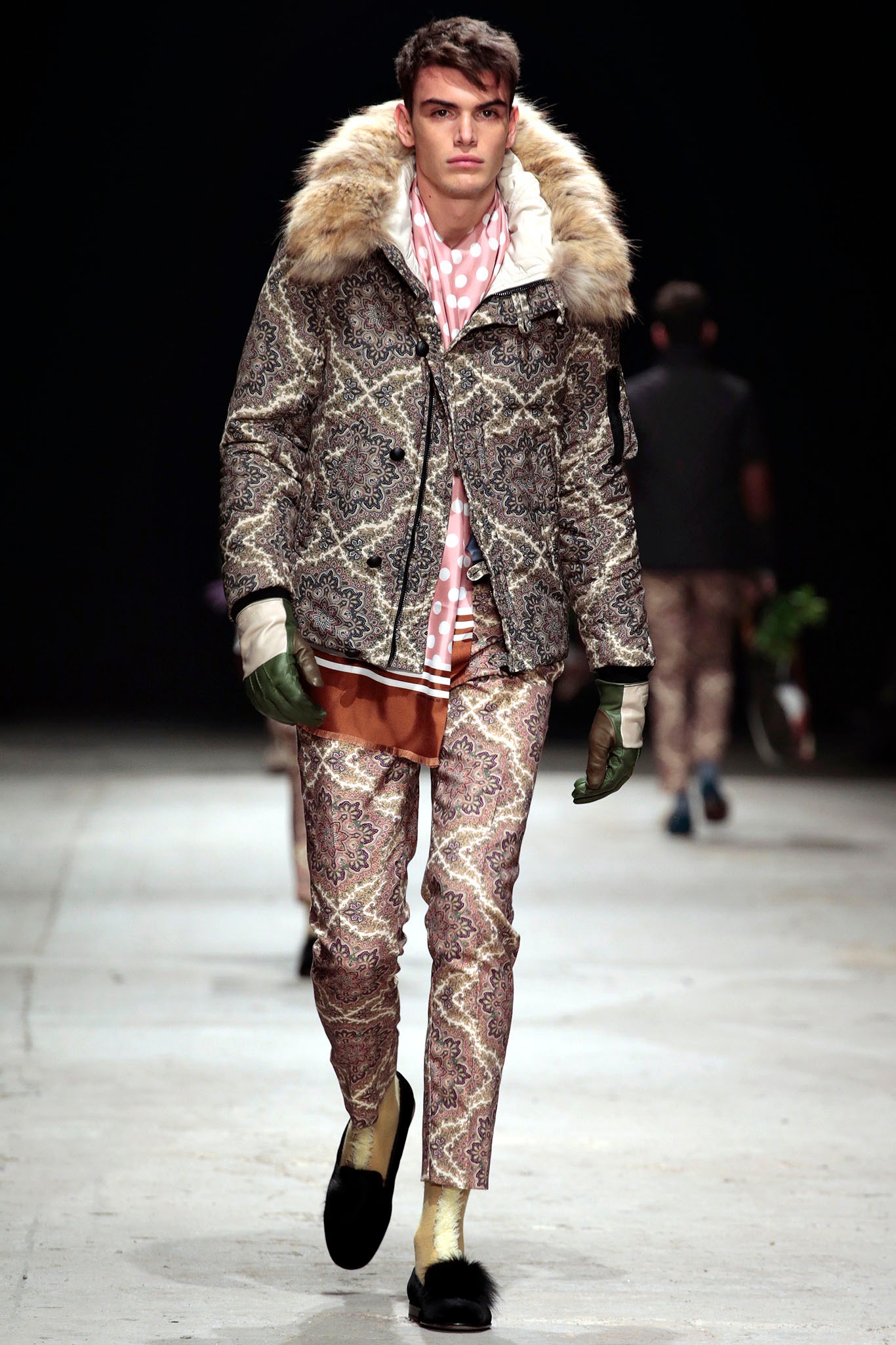 gray printed jacket with pink shirt