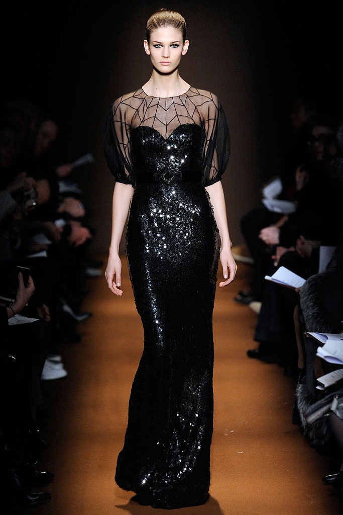 black sequin gown with mesh top