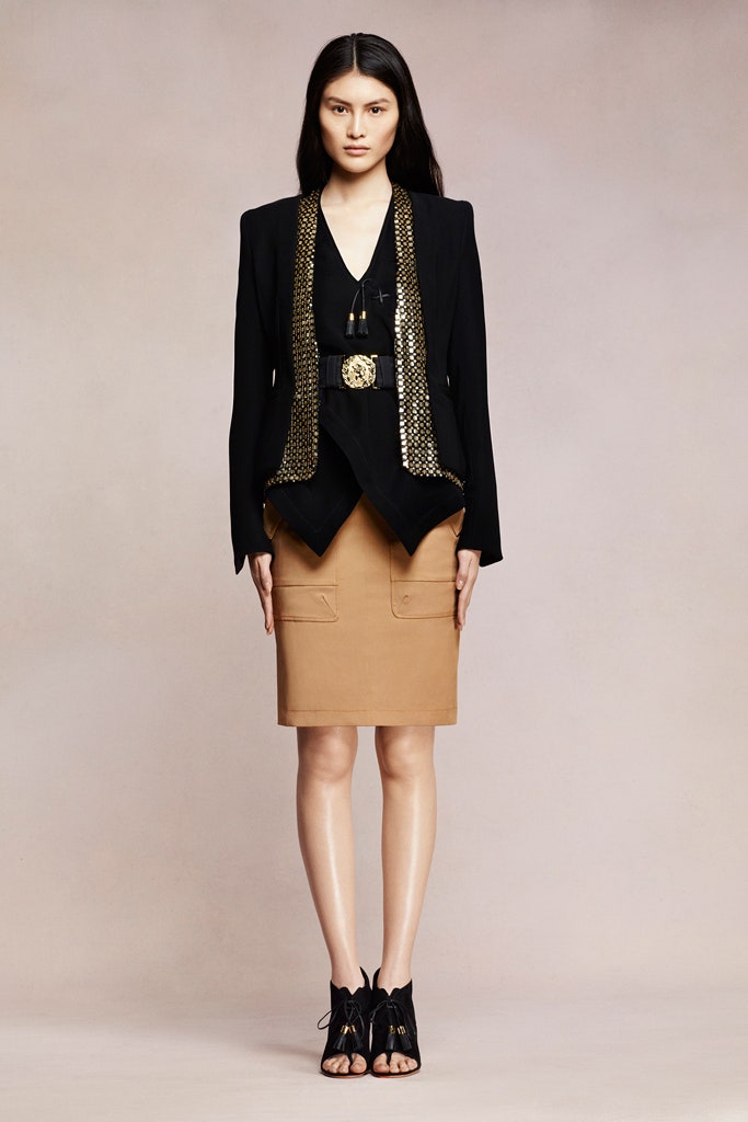 black tailored blazer with beige skirt