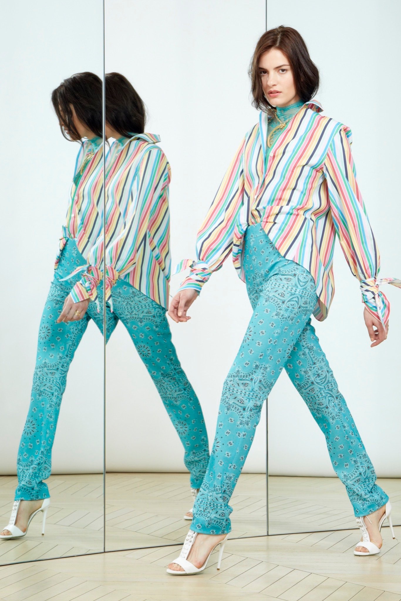 multi-striped shirt with blue pants