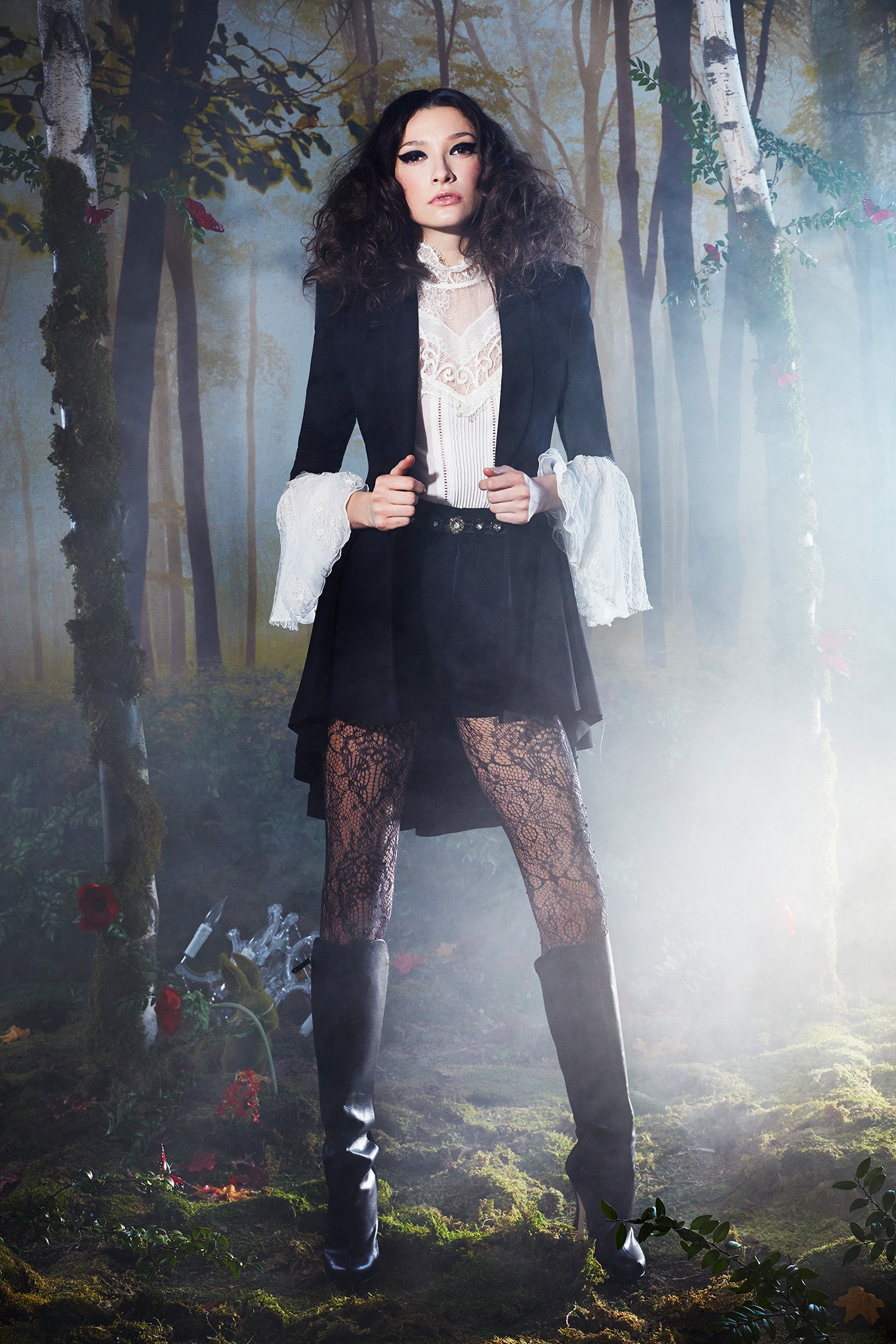 black blazer white ruffled blouse