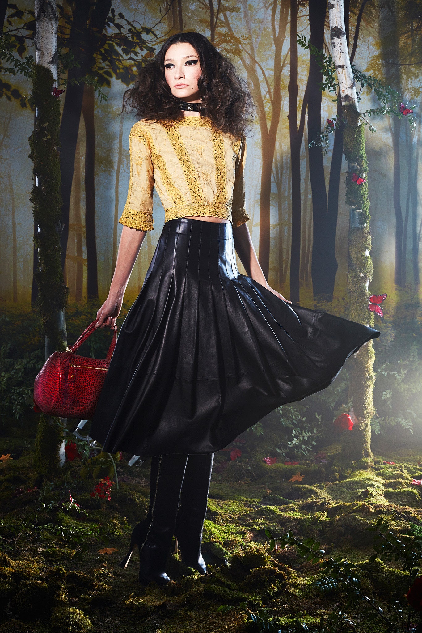 yellow silk fitted blouse and black leather midi skirt