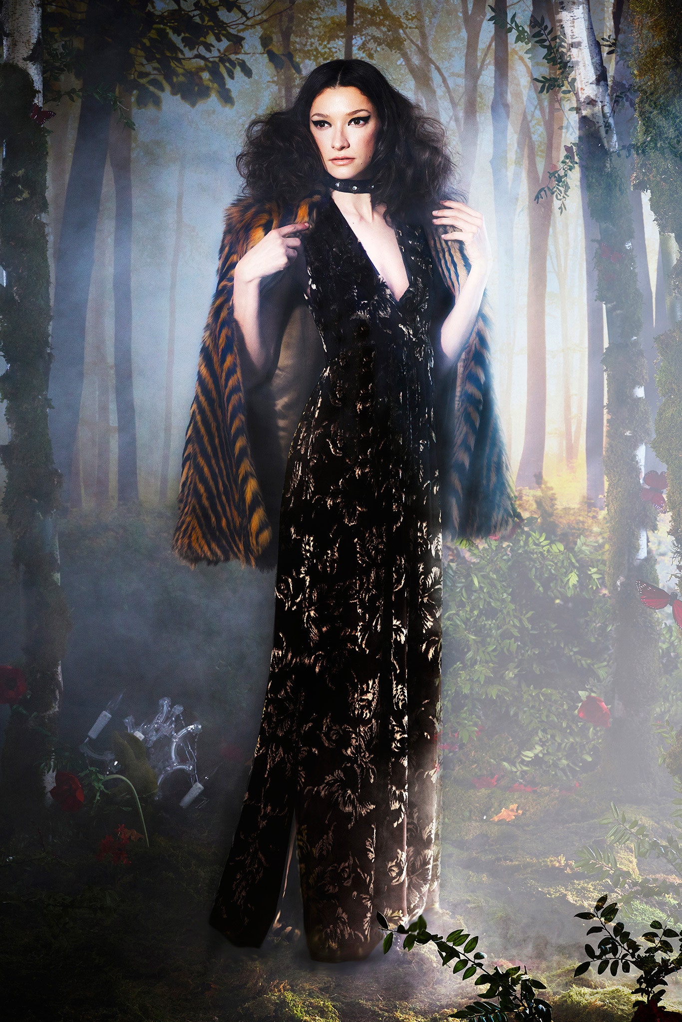 black velvet gown with fur cape