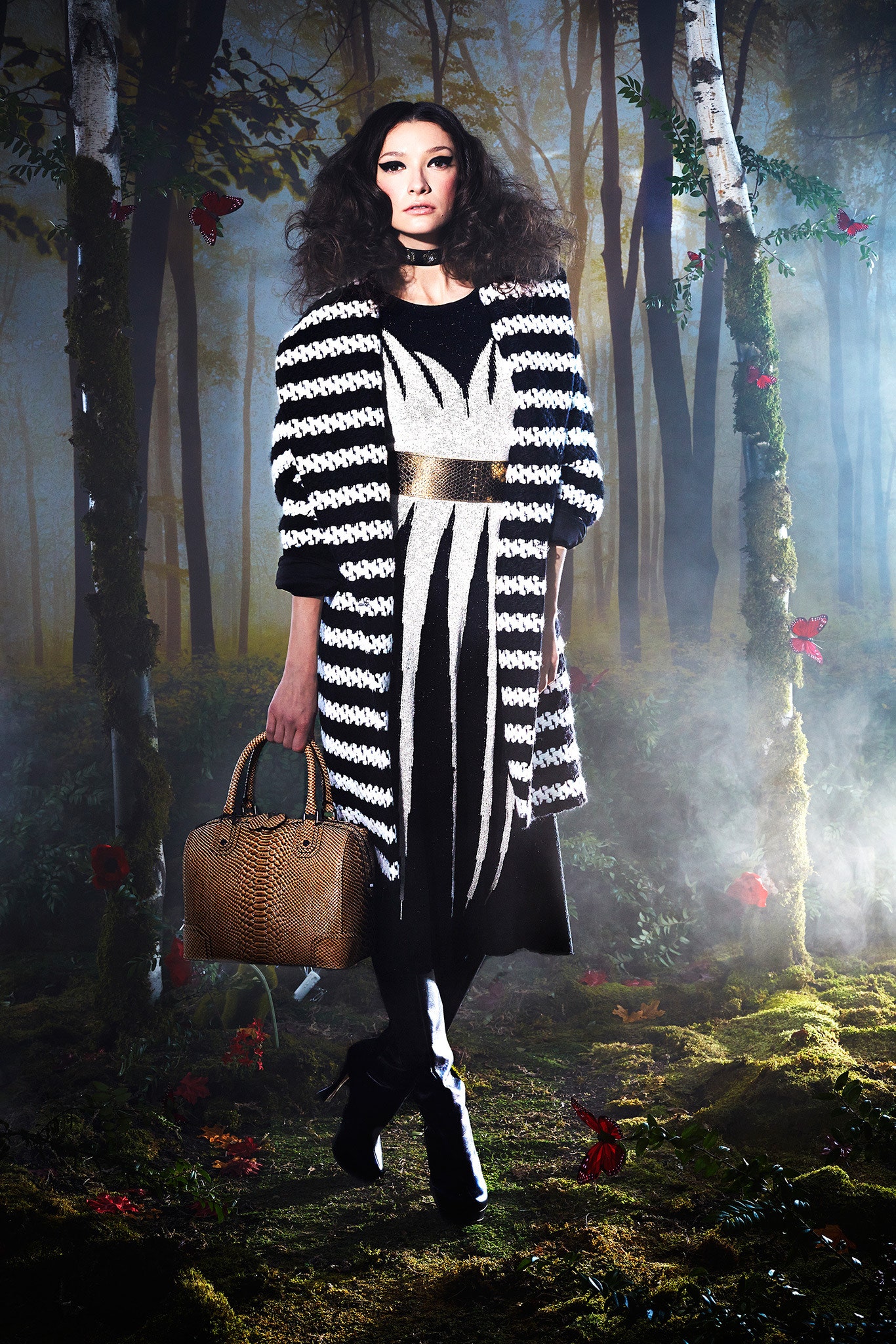 black and white striped coat with midi dress