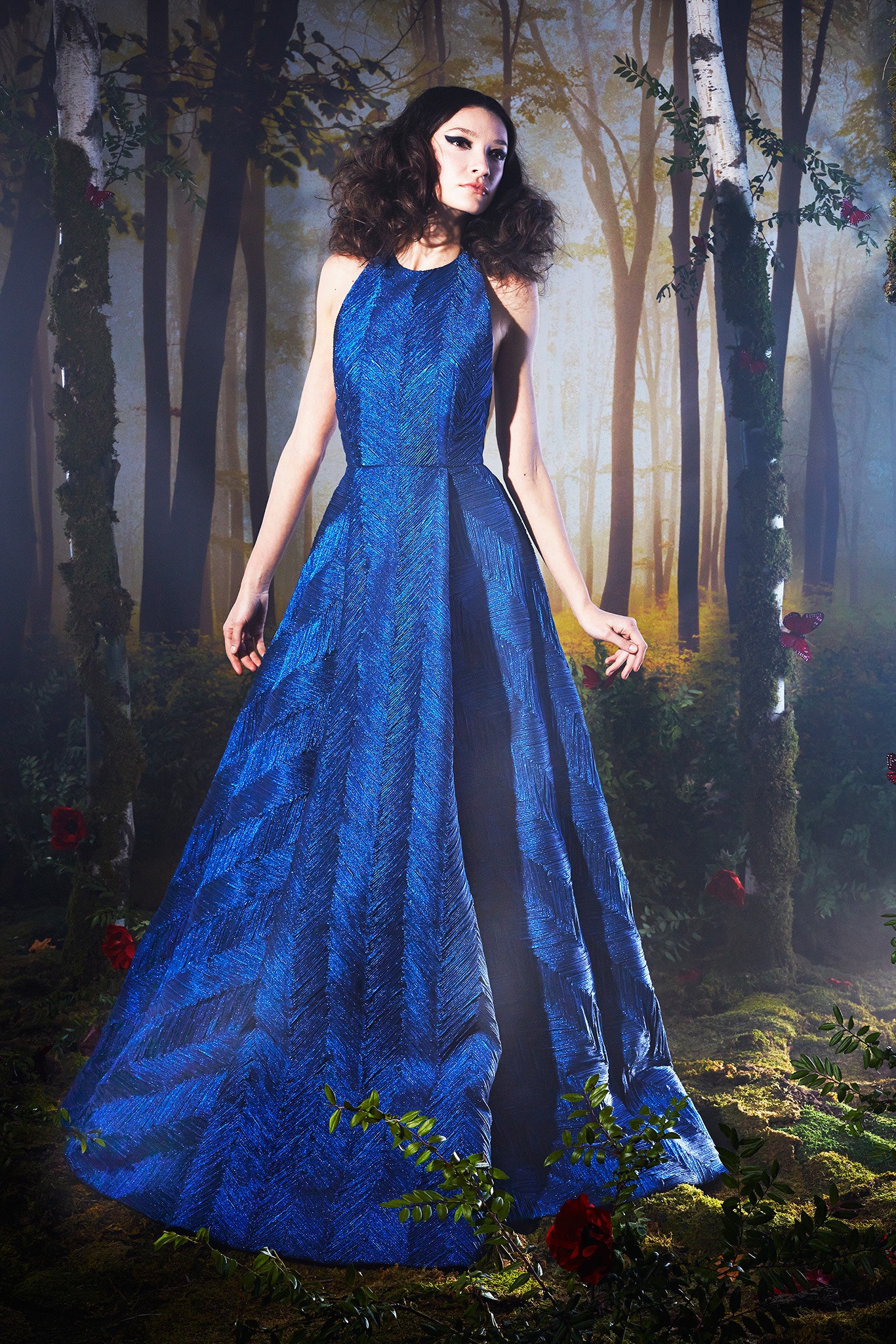 blue silk sleeveless gown