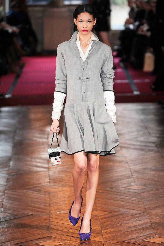 gray cotton long-sleeve collared fitted pleated mini dress