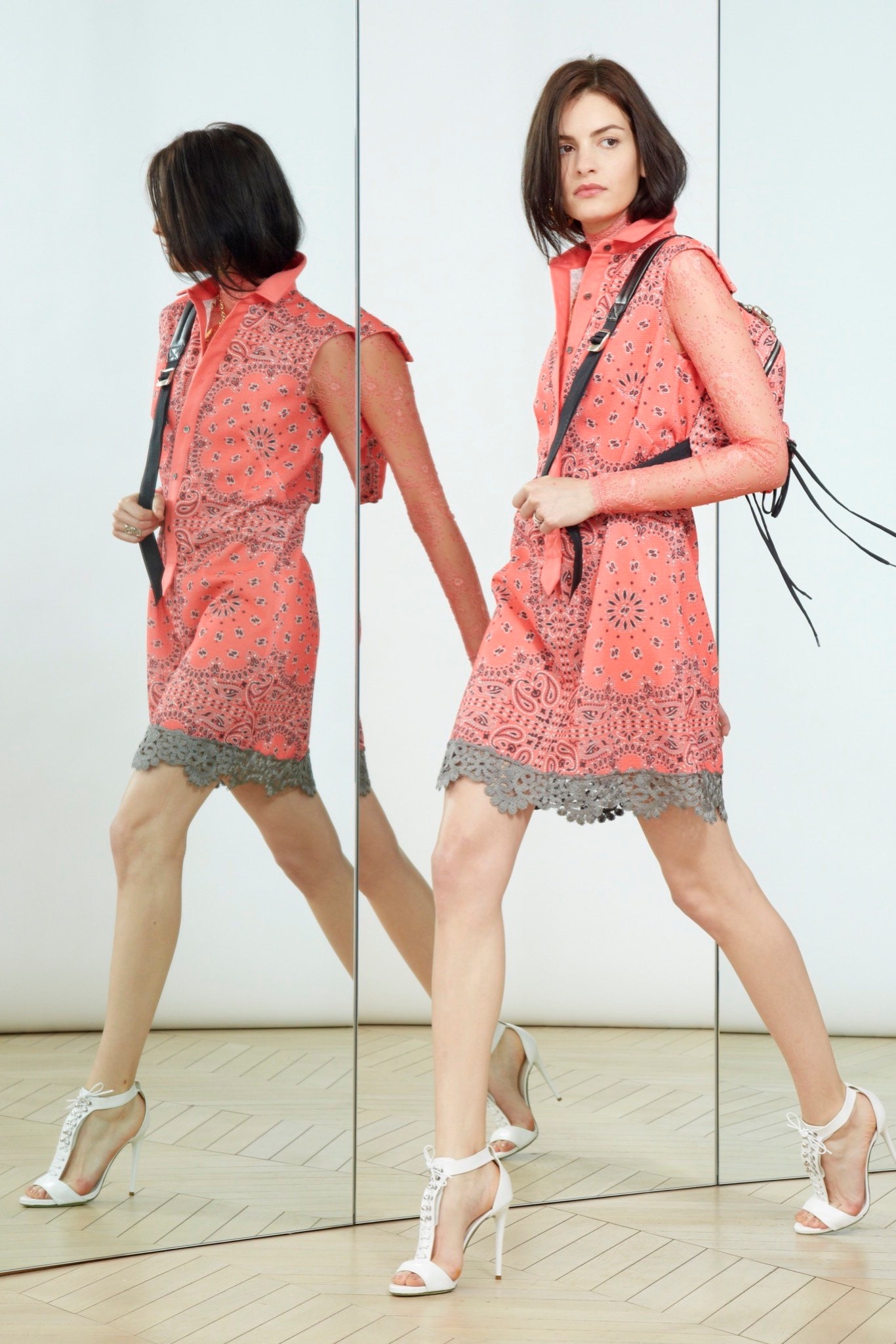 coral embroidered mini dress with white shoes