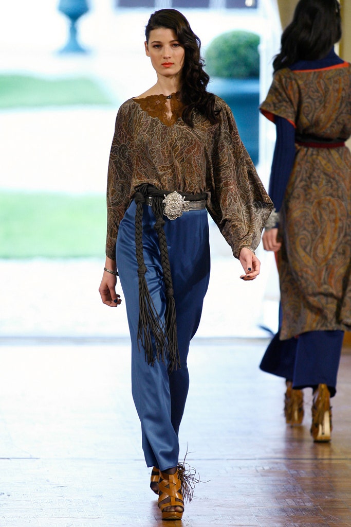 brown printed silk blouse with blue pants