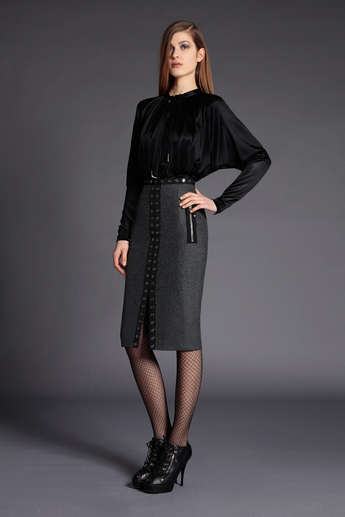 gray wool slit fitted high-waisted pencil skirt