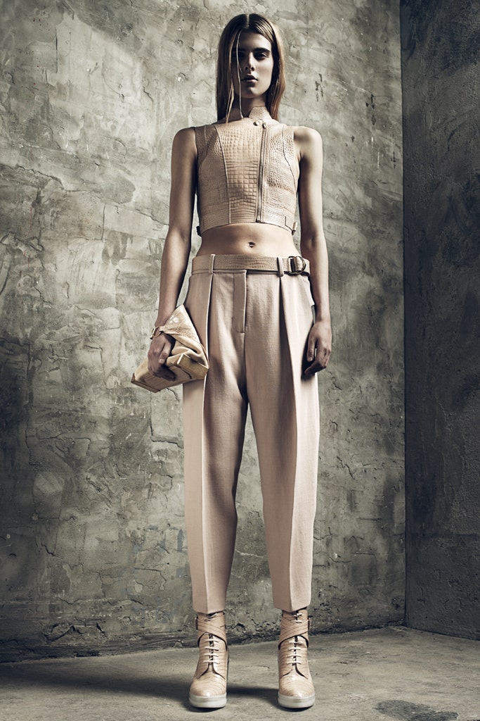 beige fitted top and relaxed pants