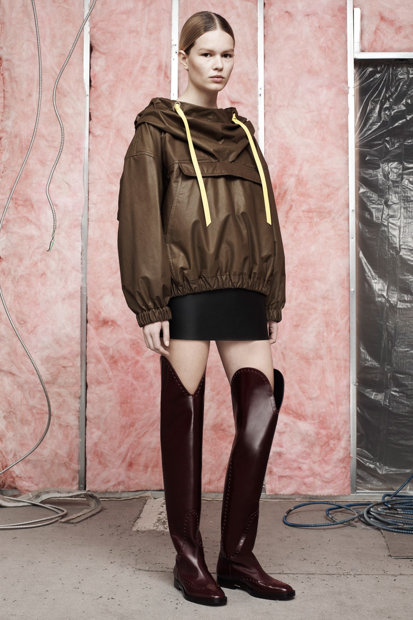 brown cotton long-sleeve hooded oversized zippered hoodie