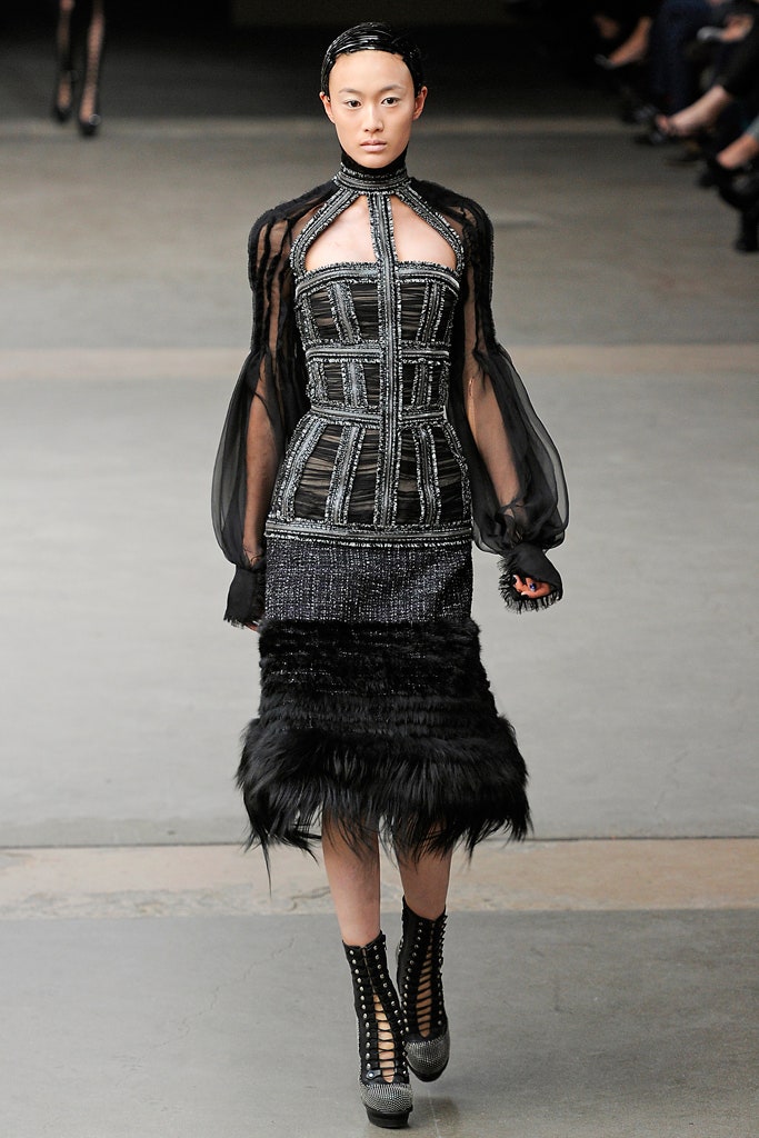 black silk long-sleeve high-neck fitted pleated embellished dress
