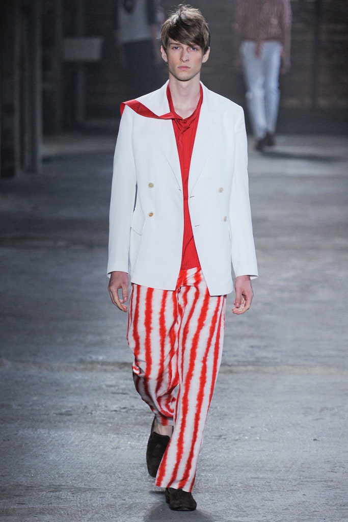 white blazer red shirt striped pants