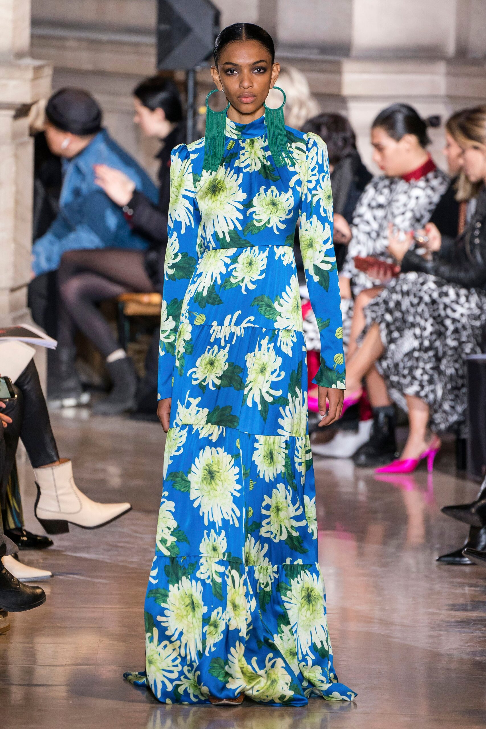 blue and green floral gown