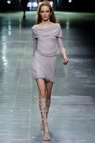 gray silk long-sleeve scoop-neck fitted draped flowing dress
