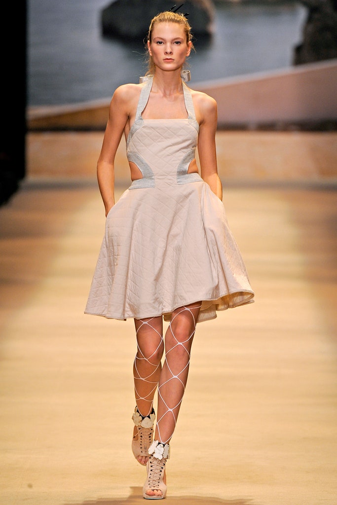 beige fitted halter dress