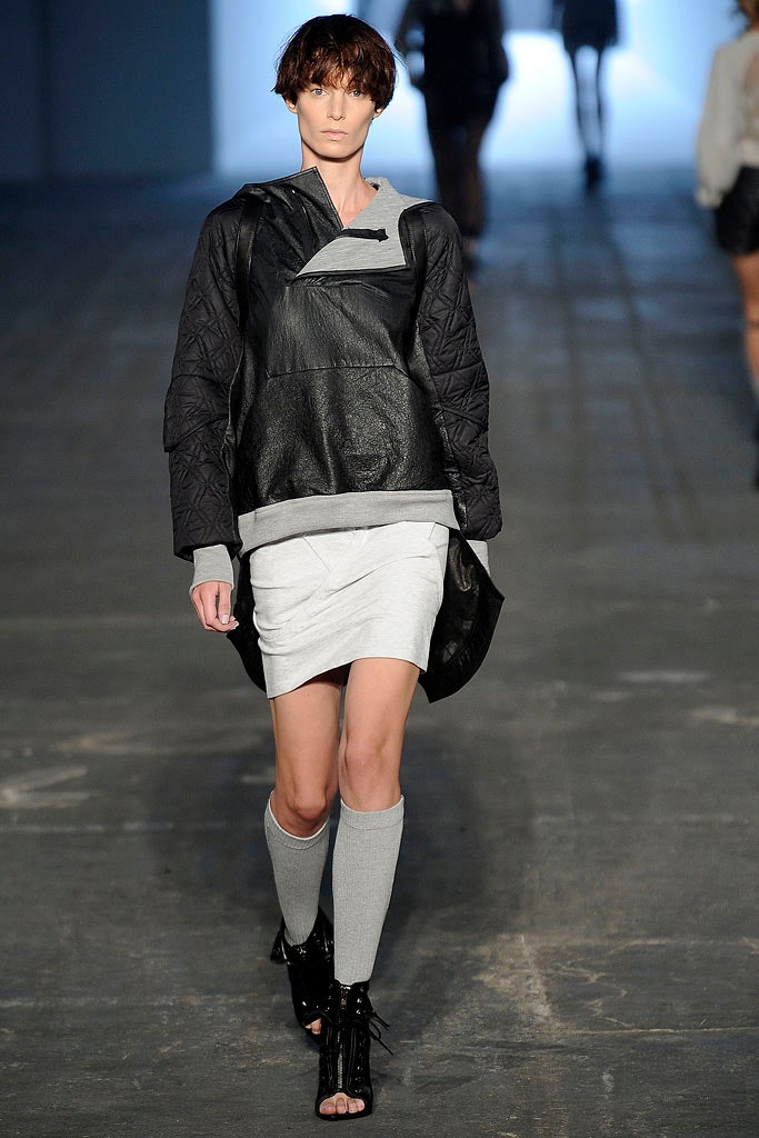 black leather hoodie with gray skirt