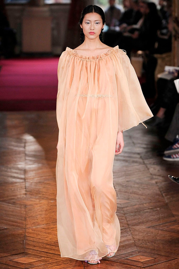 peach chiffon off-shoulder gown
