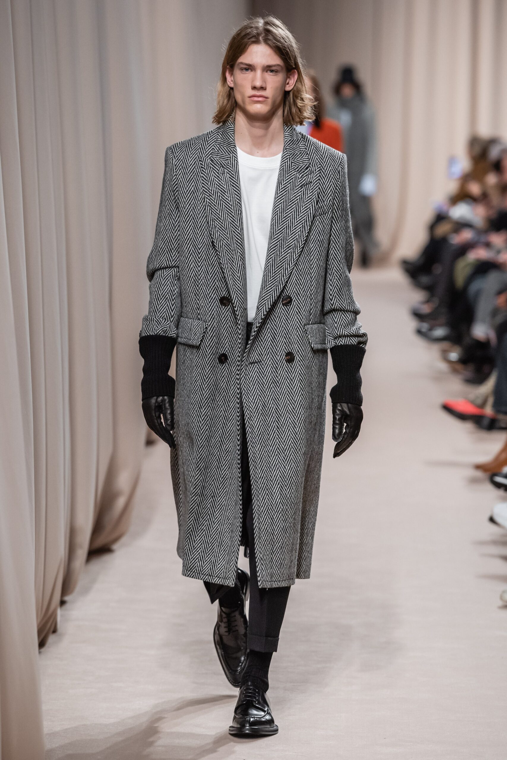 black and white checked coat