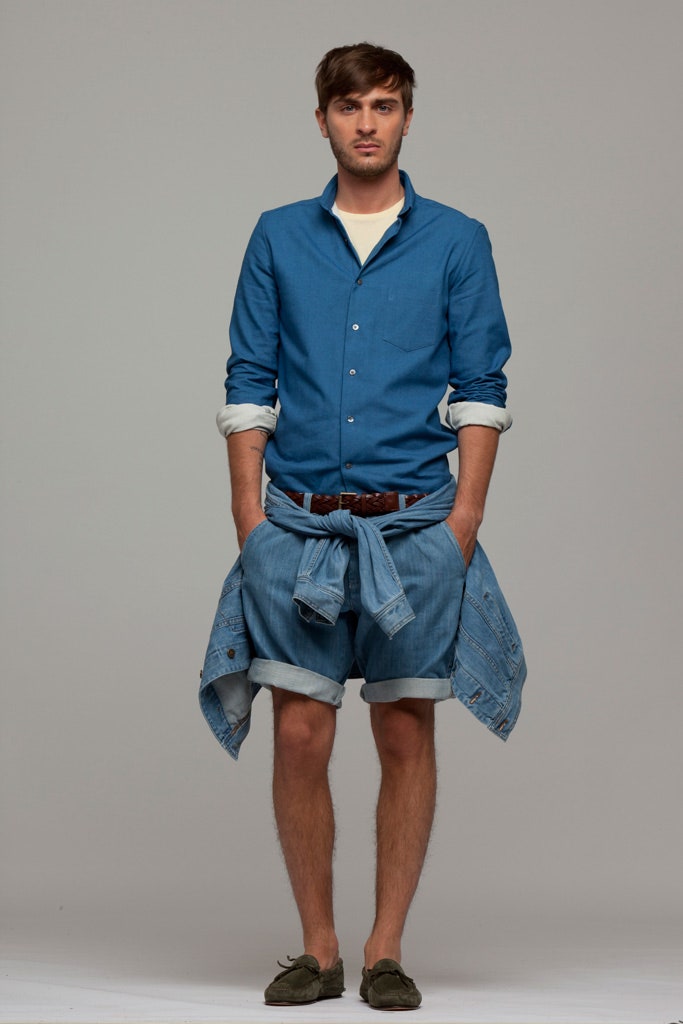 blue cotton shirt with denim shorts