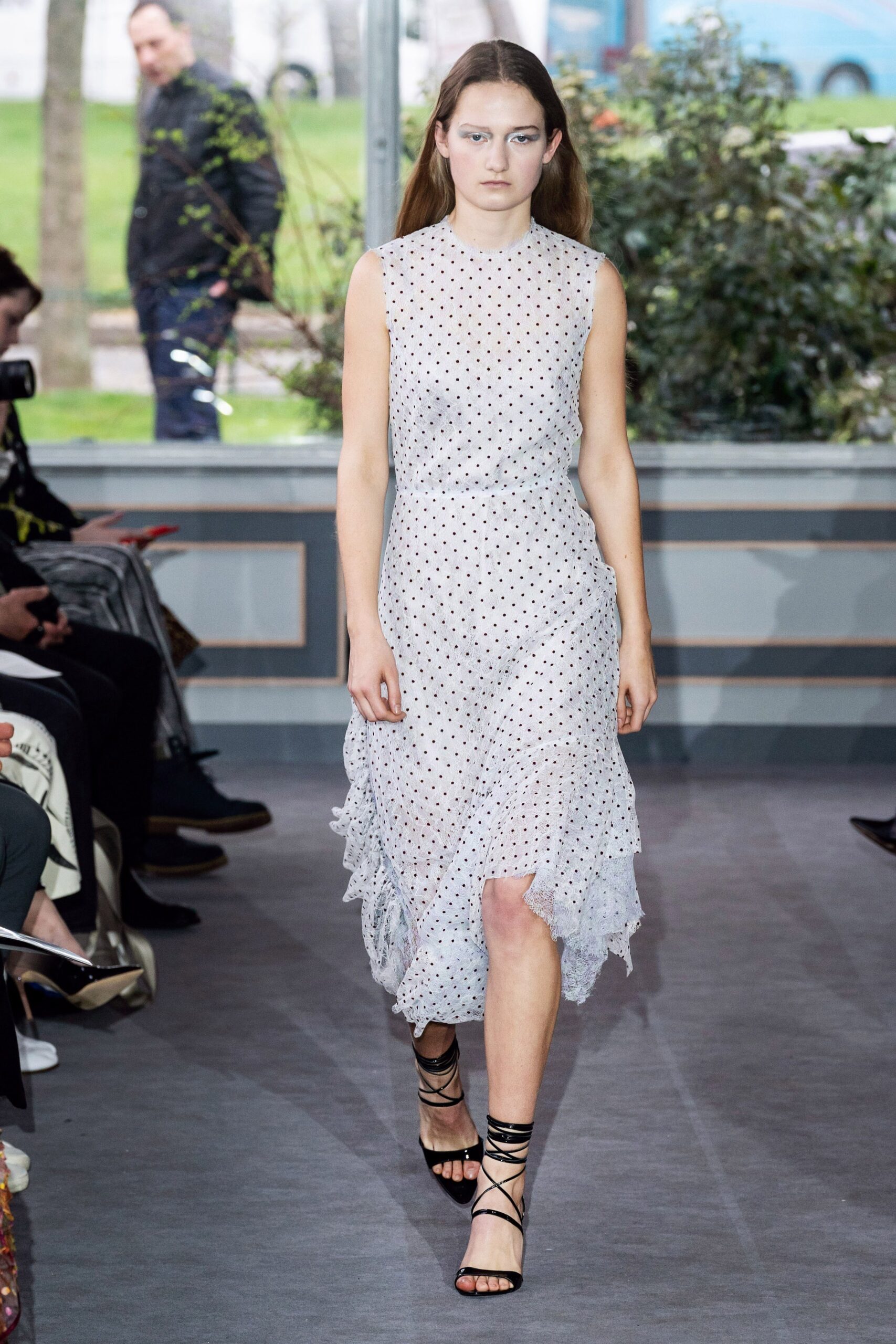 white polka-dot midi dress