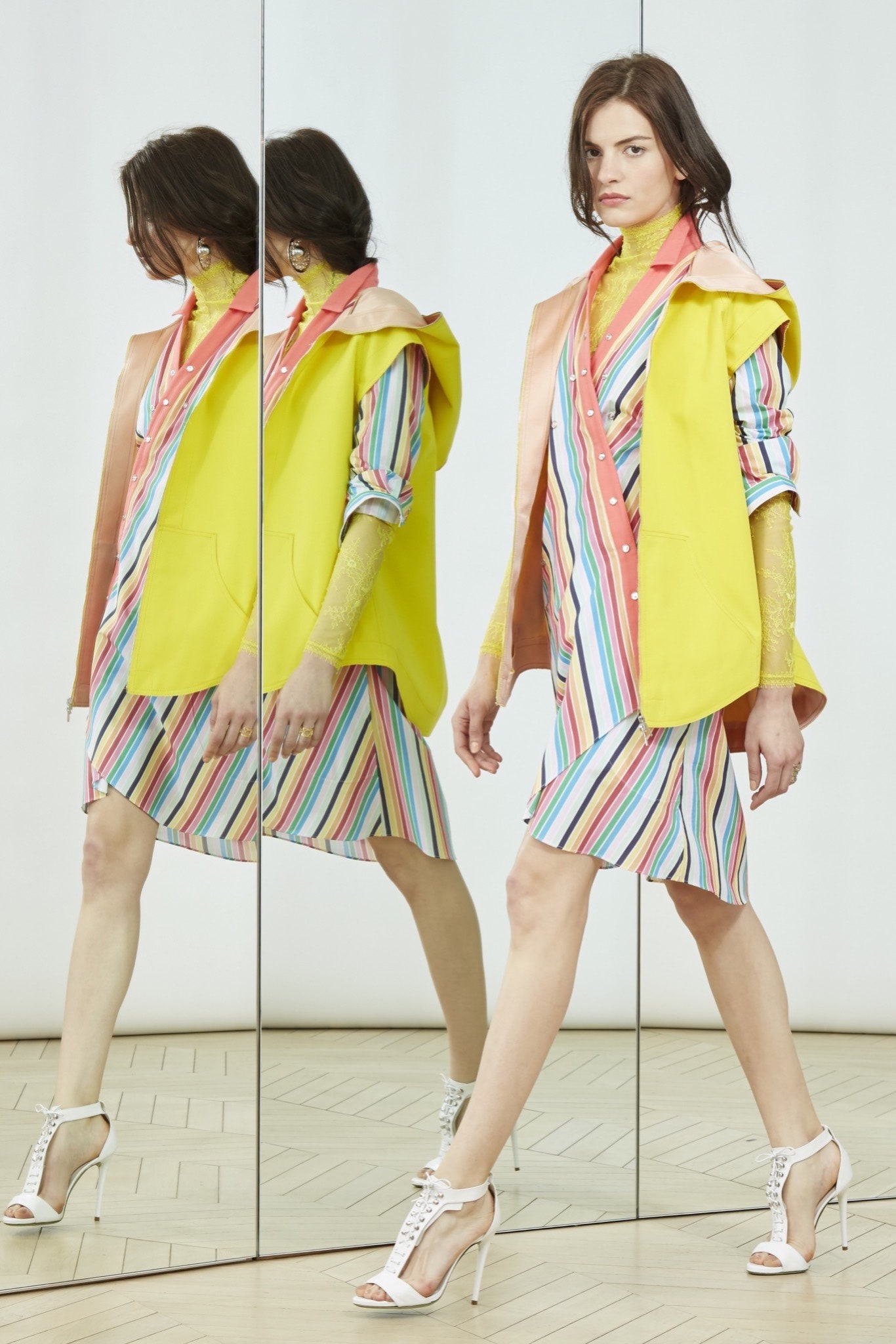 multi-striped mini dress with yellow blazer