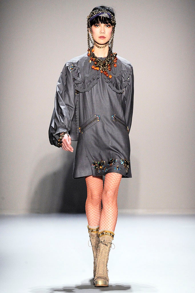 gray cotton long-sleeve collared relaxed ruffled beaded dress