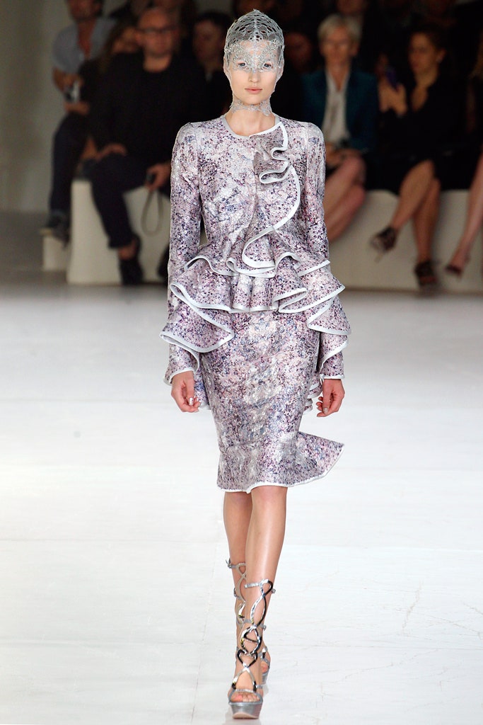 purple silk long-sleeve v-neck fitted ruffled tiered dress