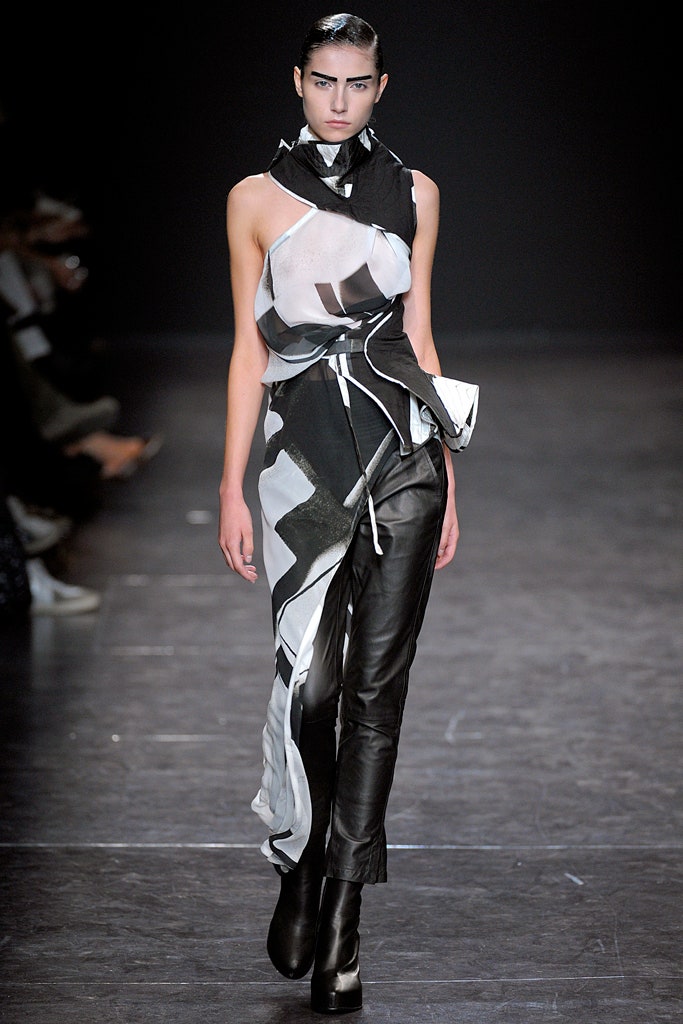 black and white silk top with leather pants