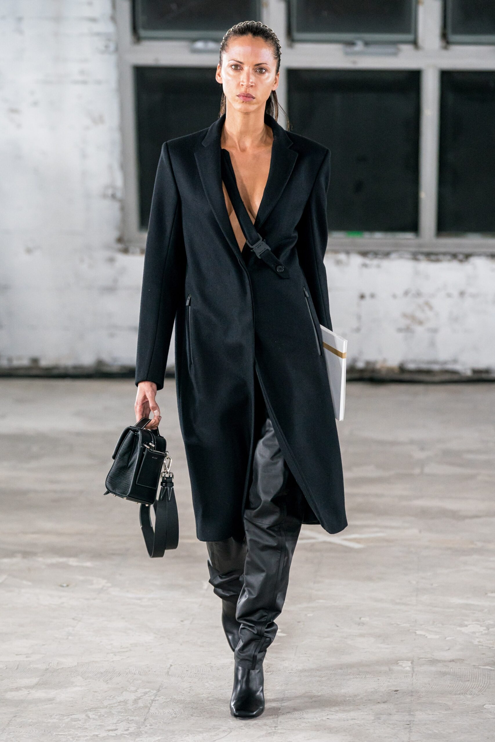 black wool long-sleeve v-neck fitted structured coat