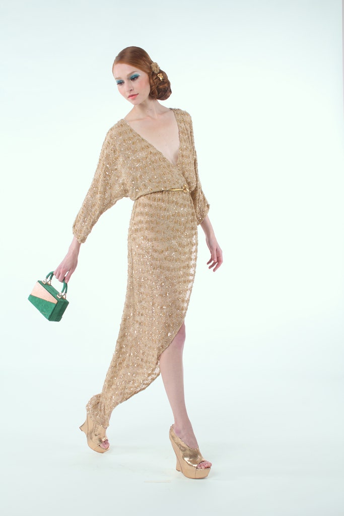 gold embellished gown with bag