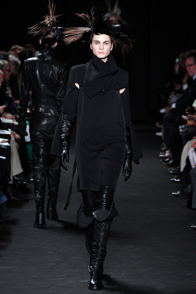 black fitted midi dress with gloves