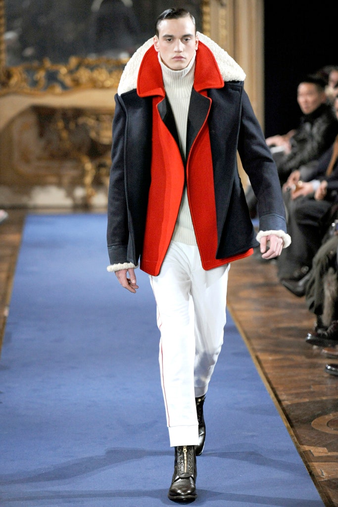 navy and red wool coat with white sweater