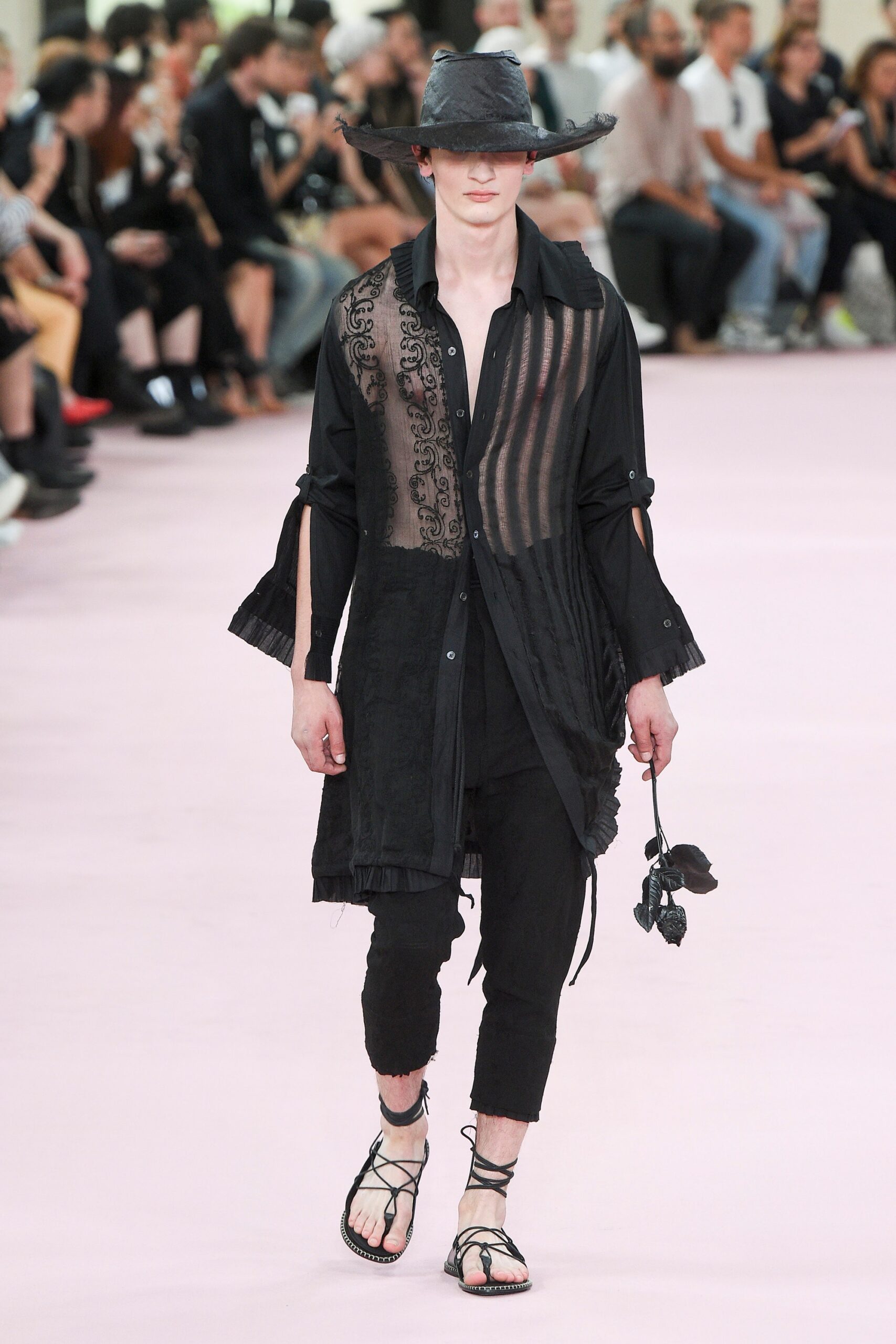 black cotton long-sleeve collared relaxed layered sheer shirt