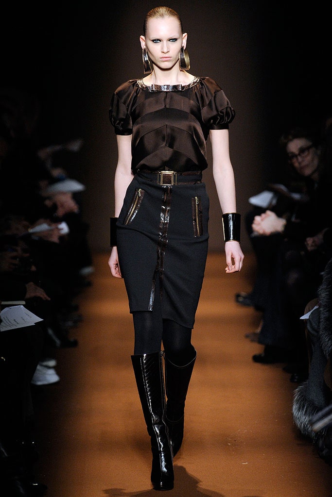 black silk blouse and pencil skirt