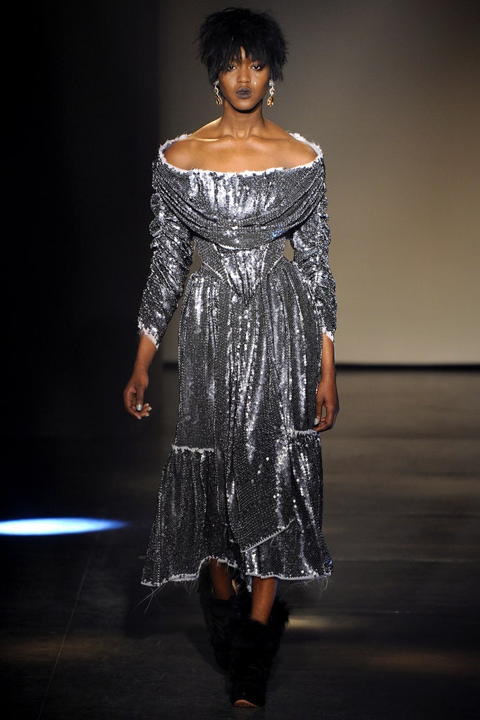 silver metallic off-shoulder dress