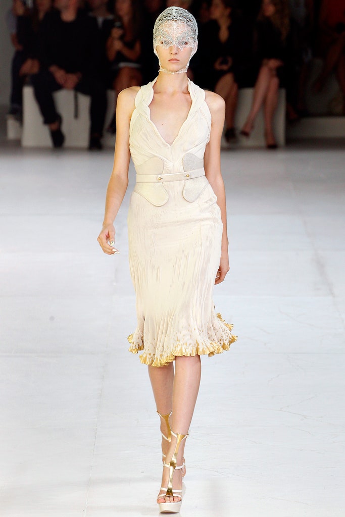 fitted white silk pleated dress