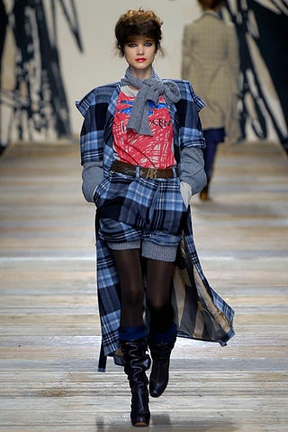 blue checked coat with red t-shirt