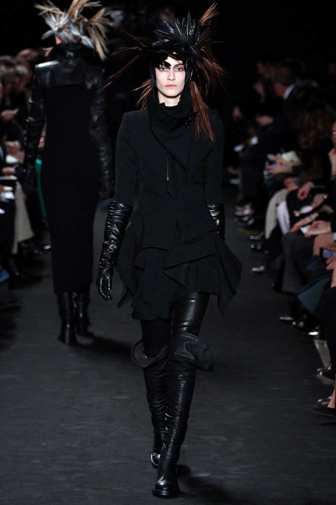 black wool long-sleeve high-neck fitted draped coat