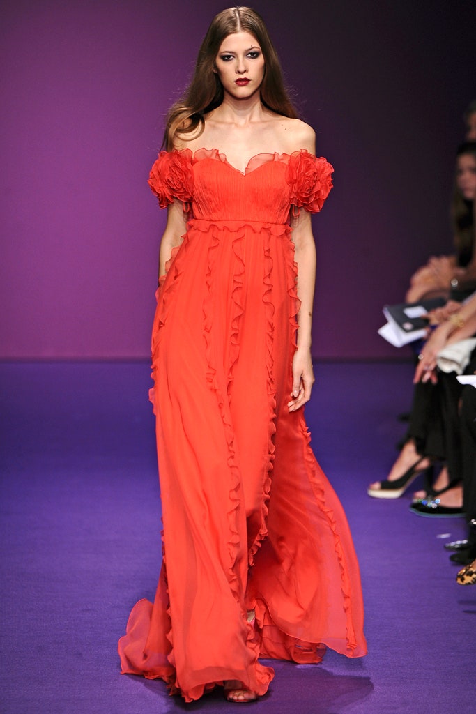 red silk off-shoulder gown
