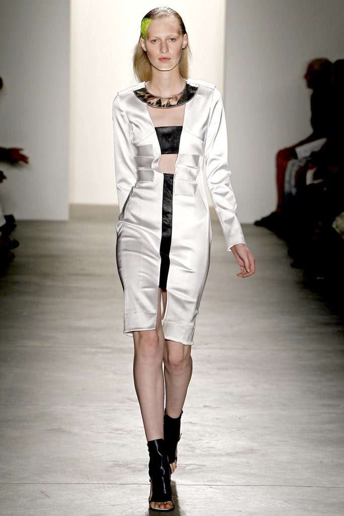 white and black fitted midi dress